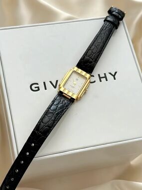AUTHENTIC RARE VINTAGE GIVENCHY BLACK LEATHER ART DECO WATCH